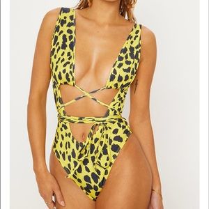 Sexy plunging high waist leg leopard monokini S